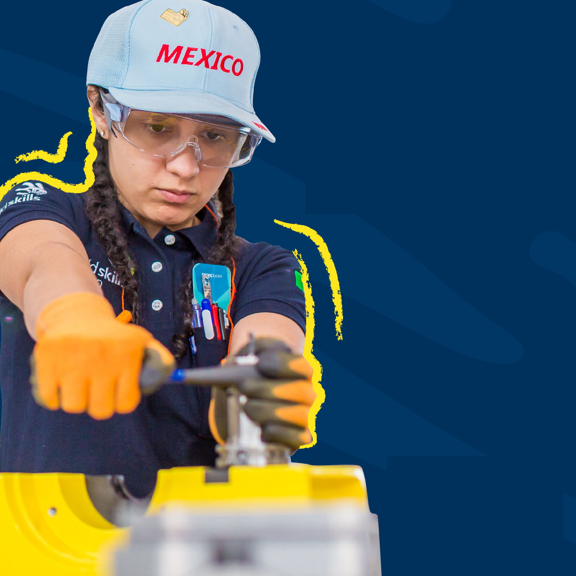 A female WorldSkills Competitor from Mexico turning a connection with a tool.