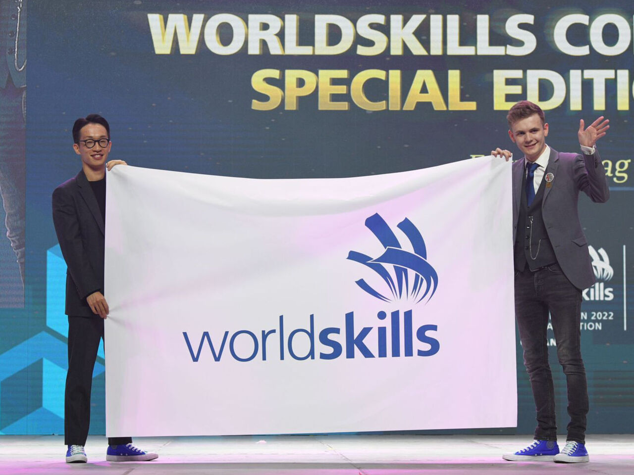 Lee Hee Dong and Daniel McCabe from the WorldSkills Champions Trust on stage at WorldSkills Competition 2022 Special Edition in Goyang, Korea in October 2022.
