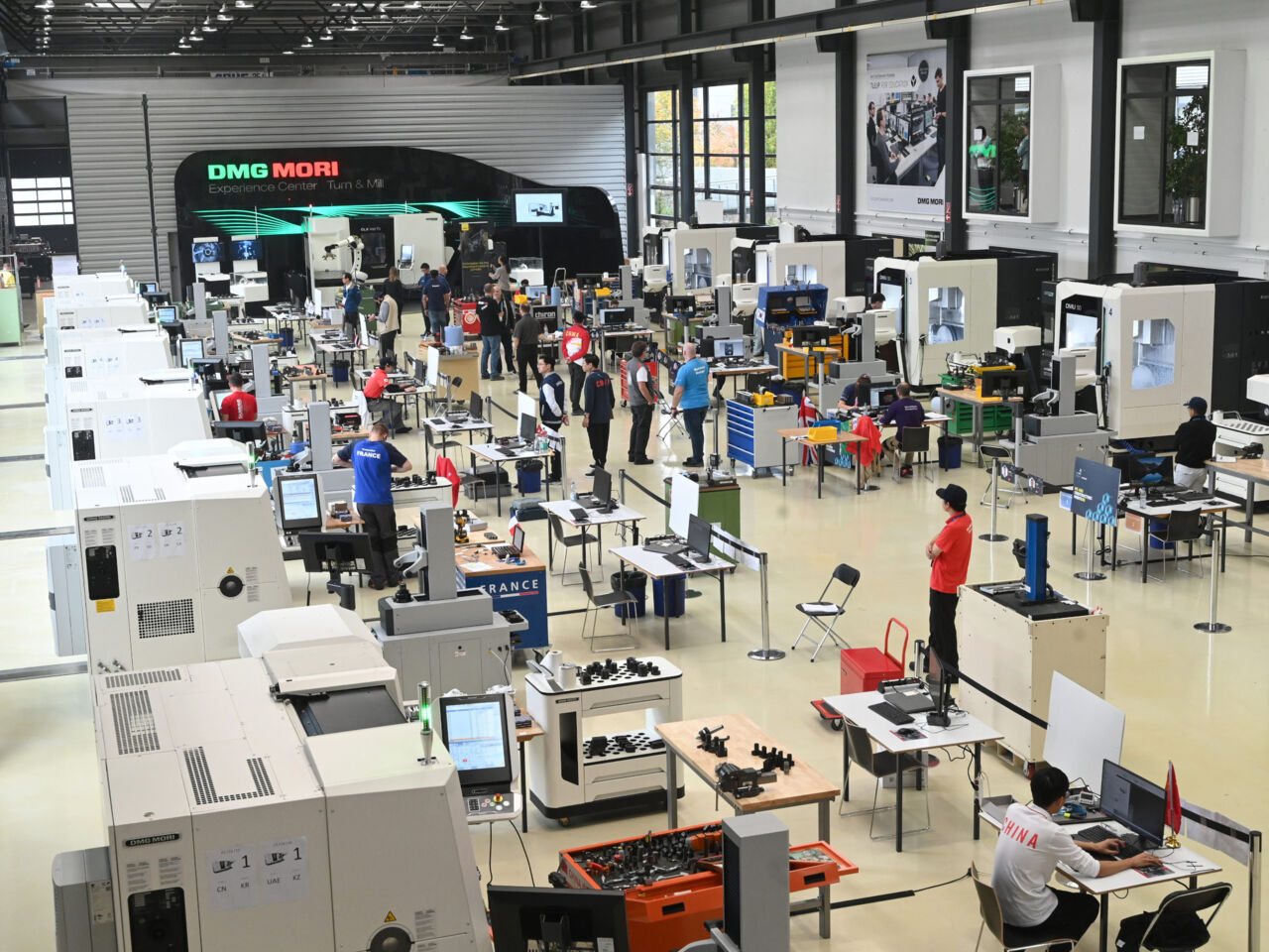 A wide shot of DMG MORI’s showroom in Leonberg, Germany where CNC Turning and CNC Milling are taking place.
