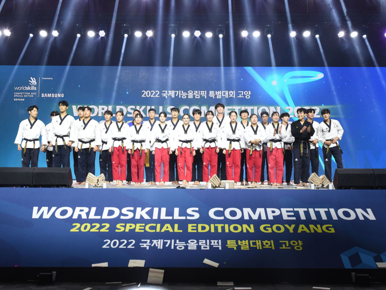 A Taekwondo martial arts demonstration during the Opening Ceremony of WorldSkills Competition 2022 Special Edition at the Kintex Exhibition Hall in Goyang, Korea.
